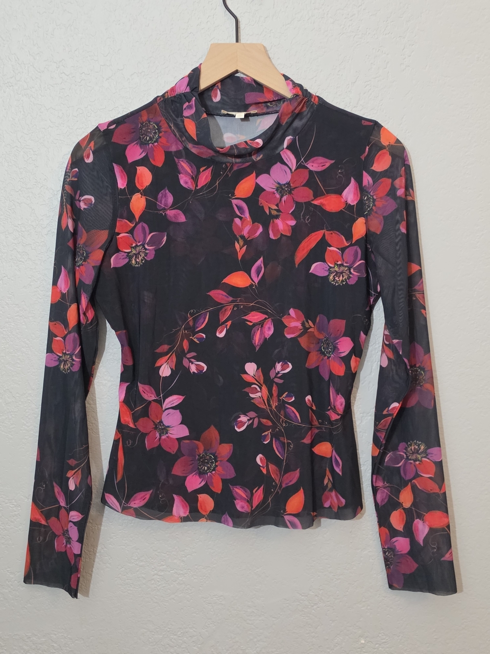 Parker Floral Mesh Mock Neck Long Sleeve Top Black Laser Cut Hem Women Medium
